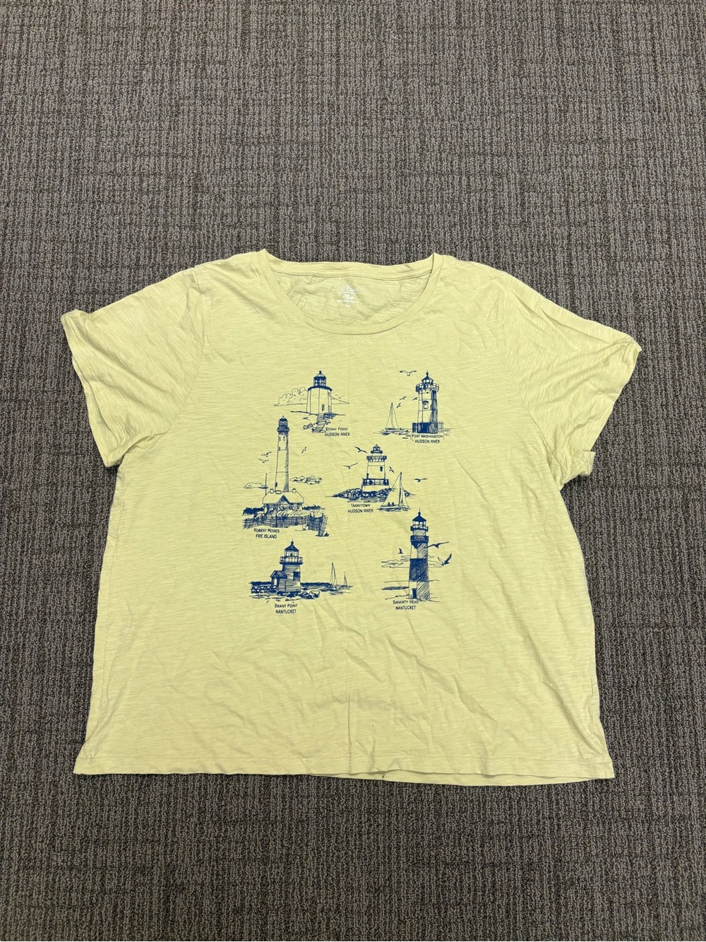 J. Crew Pale Yellow Tee with Blue Lighthouse Prints